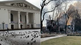 Le théâtre de Marioupol avant et après le bombardement du 16 mars 2022.