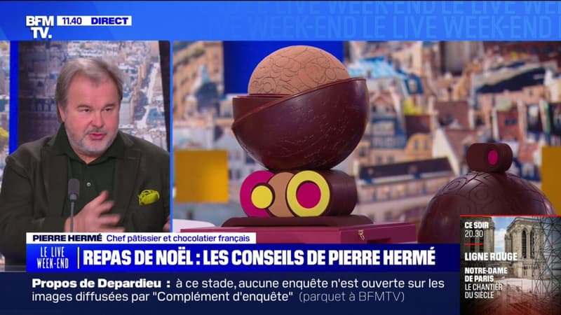 Pierre Hermé présente une de ses créations, un dessert pour les fêtes sous la forme d'un globe entièrement en chocolat