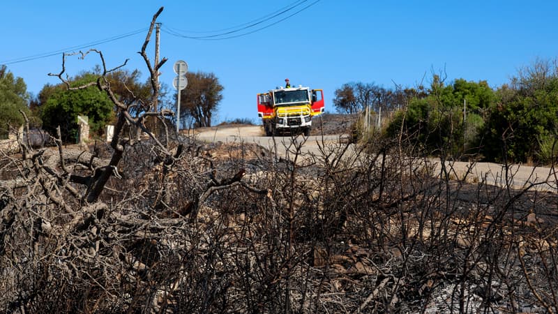 Un camion de pompiers patrouille dans le massif de la Gardiole, au nord de Frontignan (Hérault), dans le sud de la France, le 19 août 2024. Photo d'illustration