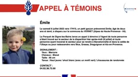 Un appel à témoins pour Emile, deux ans et demi, disparu au Vernet