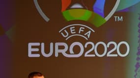 Le président de l'Union Européenne de Football Association (UEFA), Aleksander Ceferin, lors de l'inauguration du logo de Budapest pour l'Euro-2020, le 16 novembre 2020 