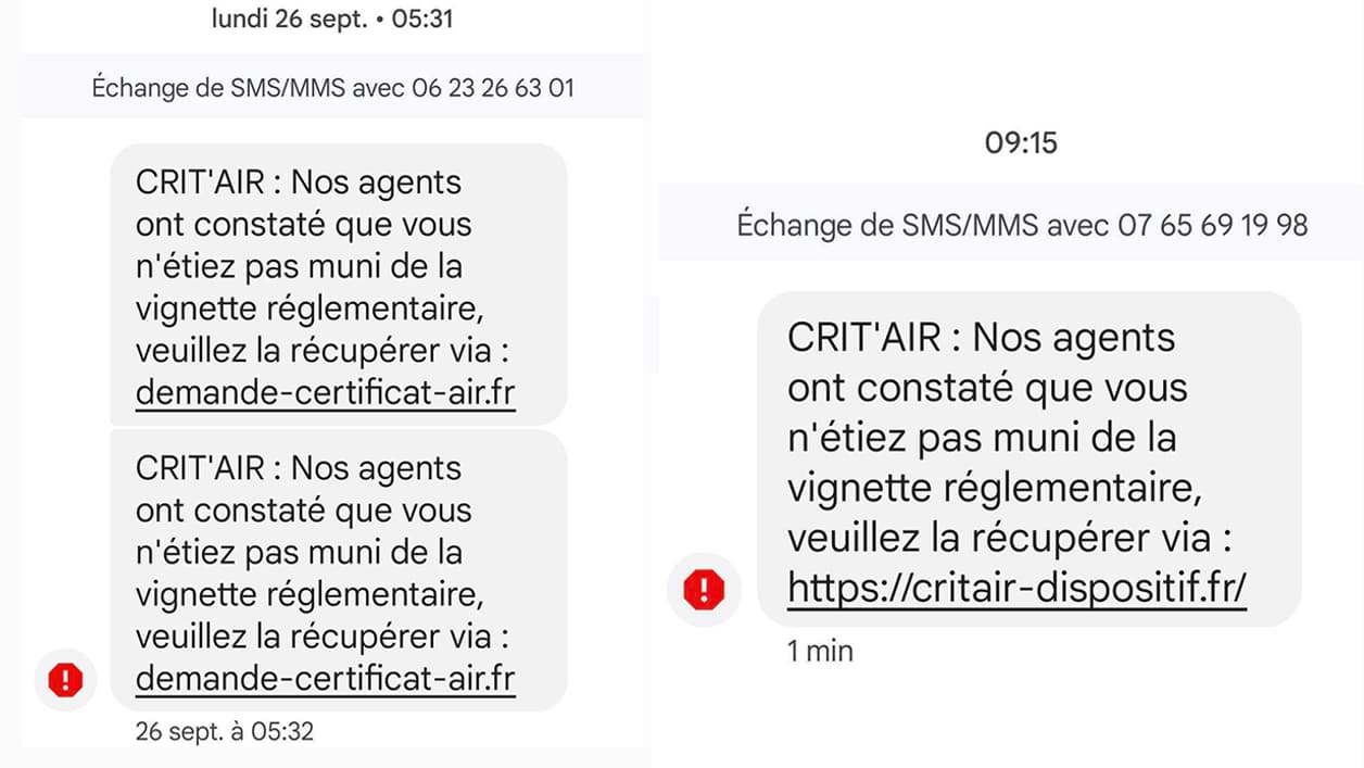Exemple de SMS d'arnaques évoquait la vignette Crit'Air Exemple de SMS d'arnaques évoquait la vignette Crit'Air
