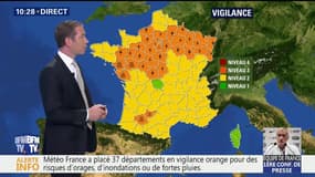 Météo France place 37 départements en vigilance orange pour des risques d'orages, d'inondations ou de fortes pluies