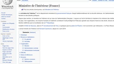 La page Wikipedia du ministère de l'Intérieur (illustration)