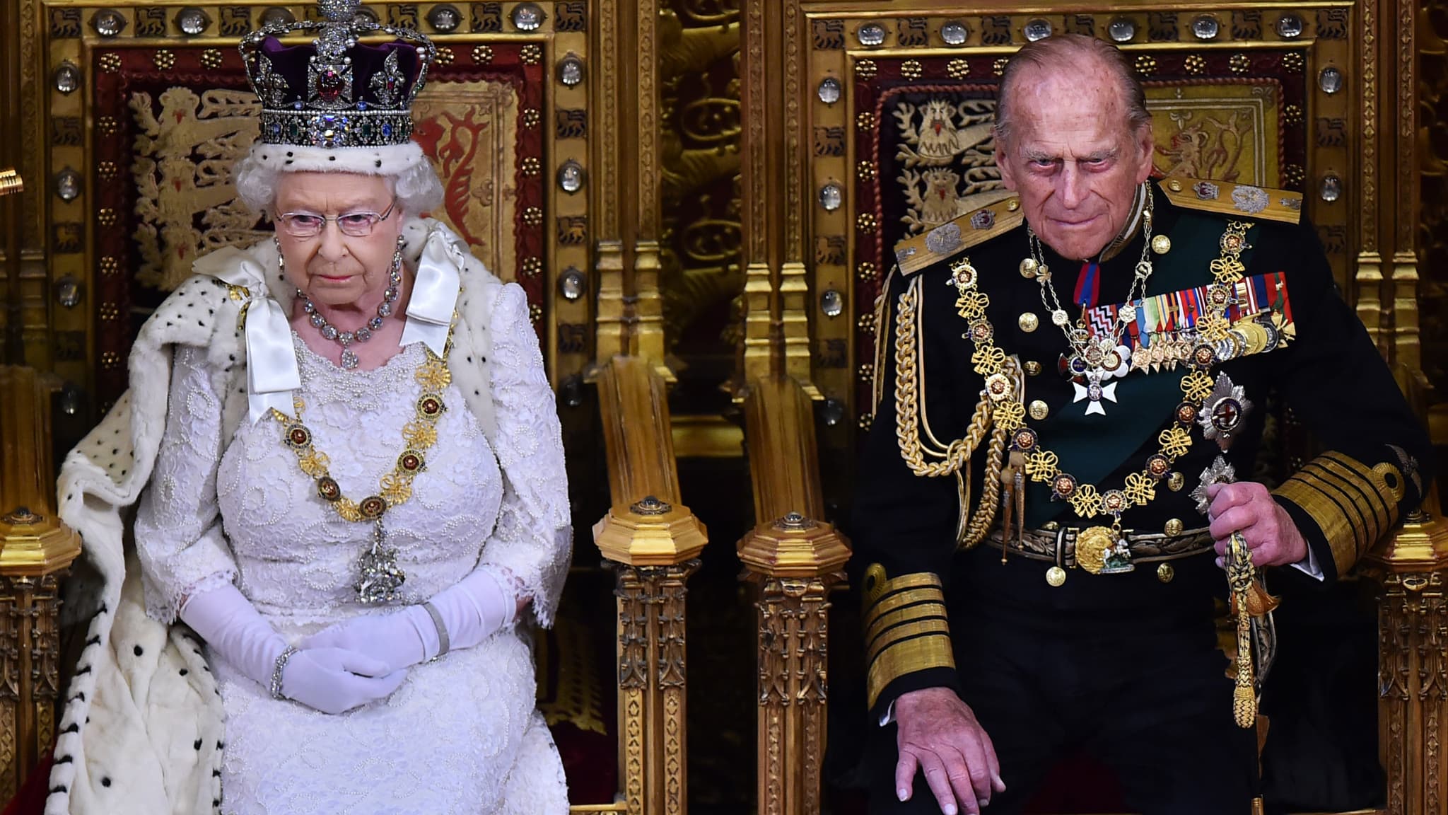 La reine d'Angleterre Élisabeth II et le Prince Philip en 2015.
