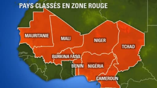 Carte de situation des pays classés en zone rouge en Afrique par le quai d'Orsay.