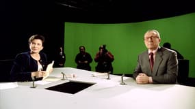 Anne Sinclair et Jacques Delors, le 11 décembre 1994 avant l'émissions "Sept sur Sept"