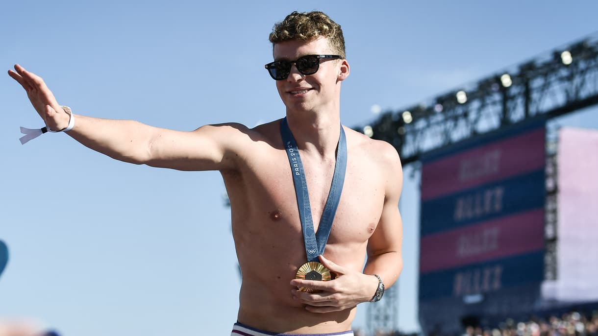 Le nageur français Léon Marchand lors des célébrations au Parc des Champions des JO de Paris, le 6 août 2024