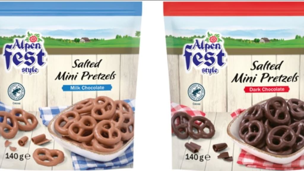 Ces bretzels enrobés de chocolat, vendus chez Lidl partout en France, sont rappelés à cause d'un risque potentiel de sensation de brûlure dans la bouche. Ces bretzels enrobés de chocolat, vendus chez Lidl partout en France, sont rappelés à cause d'un risque potentiel de sensation de brûlure dans la bouche.