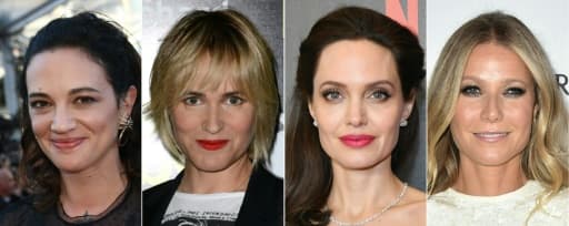 Photo d'archive des actrices Asia Argento, Judith Godreche, Angelina Jolie et Gwyneth Paltrow, qui se sont dites victimes de harcèlement sexuel de la part du producteur Harvey Weinstein Photo d'archive des actrices Asia Argento, Judith Godreche, Angelina Jolie et Gwyneth Paltrow, qui se sont dites victimes de harcèlement sexuel de la part du producteur Harvey Weinstein