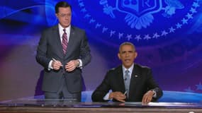 Barack Obama chez l'humoriste Stephen Colbert, lors de son show "The Colbert Report", lundi.