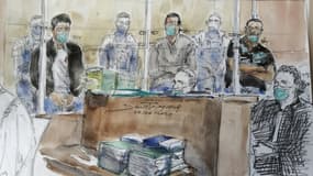 Croquis d'audience de Nourredine Allam (g), l'un des quatre accusés, et de son avocate Clarisse Serre (d) au premier jour du procès de l'assassinat du policier Xavier Jugelé en 2017, le 7 juin 2021 à la cour d'assise spéciale de Paris