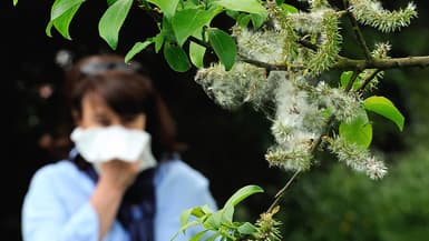 Une femme se mouche en lien avec les allergies saisonnières au pollen