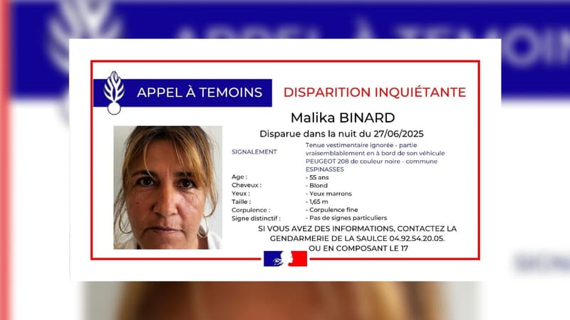 un appel à témoins pour retrouver Malika B., le 27 juin 2025 dans les Hautes-Alpes à Espinasses.