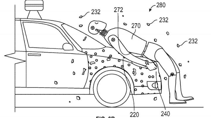 Tirée du brevet déposé par Google, ce schéma montre comment le piéton est supposé rester accroché au véhicule en cas de collision. Tirée du brevet déposé par Google, ce schéma montre comment le piéton est supposé rester accroché au véhicule en cas de collision.