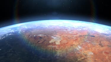Vue d'artiste de la planète Mars retrouvant de l'eau liquide à sa surface.