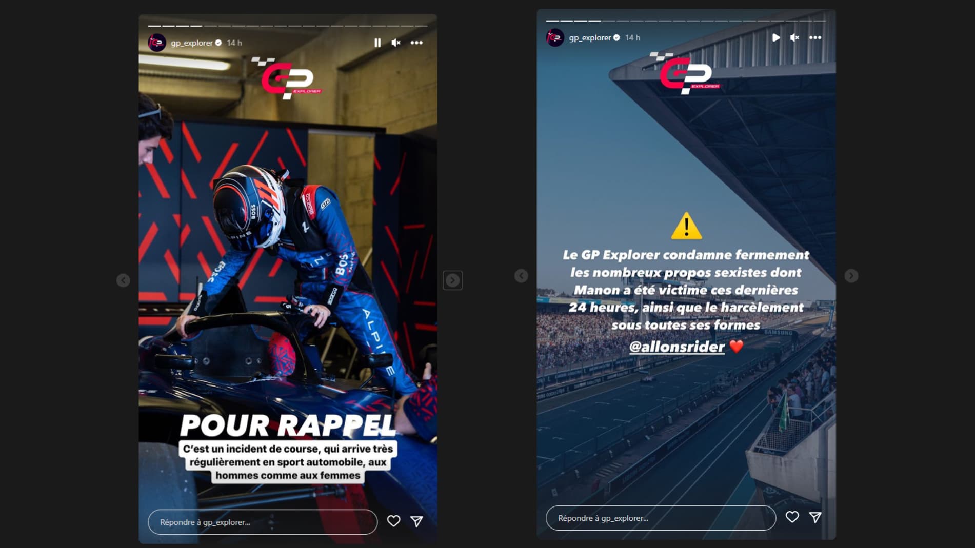 Le compte Instagram du GP Explorer a condamné les attaques envers Manon Lanza.