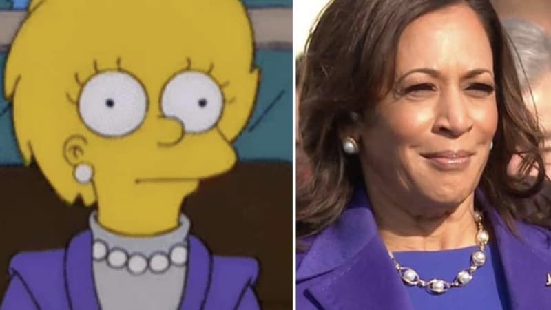 Lisa Simpson dans un épisode diffusé en 2000, et Kamala Harris le 20 janvier 2021 à Washington.