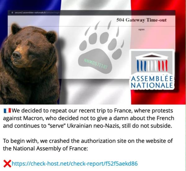 Capture d'écran Telegram d'un groupe de hackers russes revendiquant l'attaque du site de l'Assemblée nationale