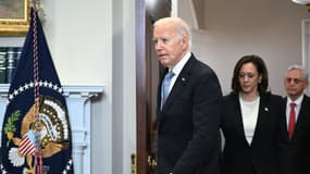 Le président américain Joe Biden, suivi par la vice-présidente Kamala Harris et le procureur général Merrick Garland, à la Maison Blanche à Washington, DC, le 14 juillet 2024.