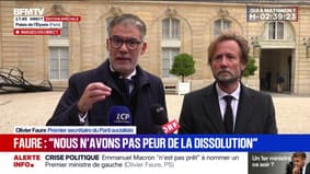 Fin de la réunion à l'Élysée: Olivier Faure (PS), déclare que le parti "n'a pas peur de la dissolution" si le sujet est sur la table