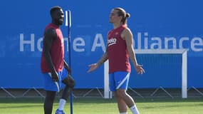 Samuel Umtiti et Antoine Griezmann à la reprise de l'entraînement du Barça le 23 juillet
