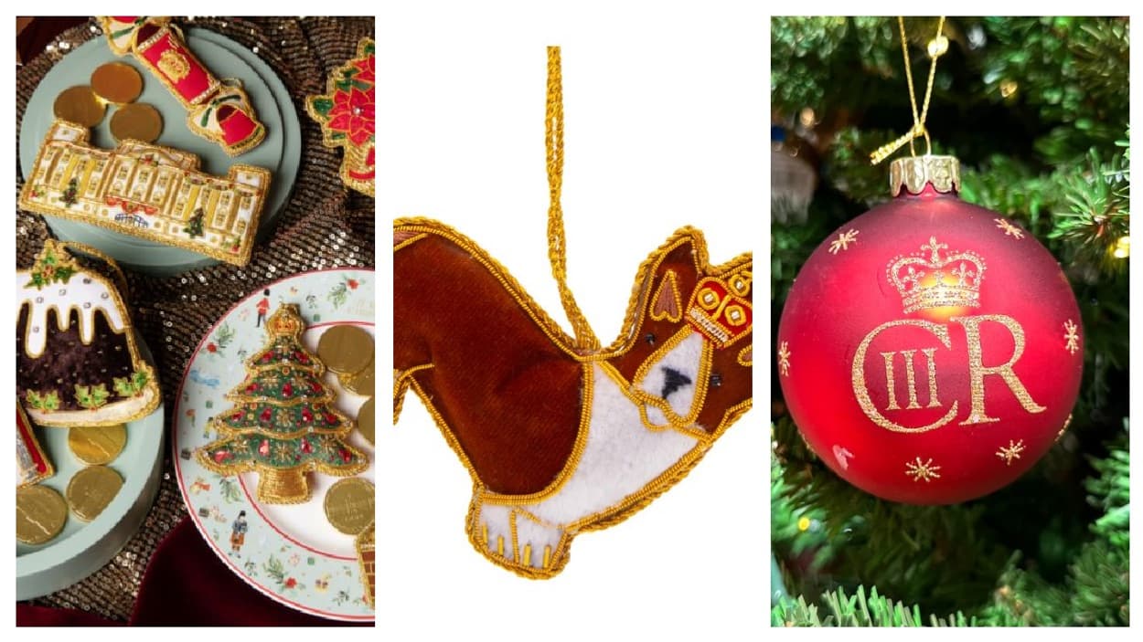 Des décorations de Noël à l'effigie de Buckingham, de corgi et portant les chiffres royaux. Des décorations de Noël à l'effigie de Buckingham, de corgi et portant les chiffres royaux.