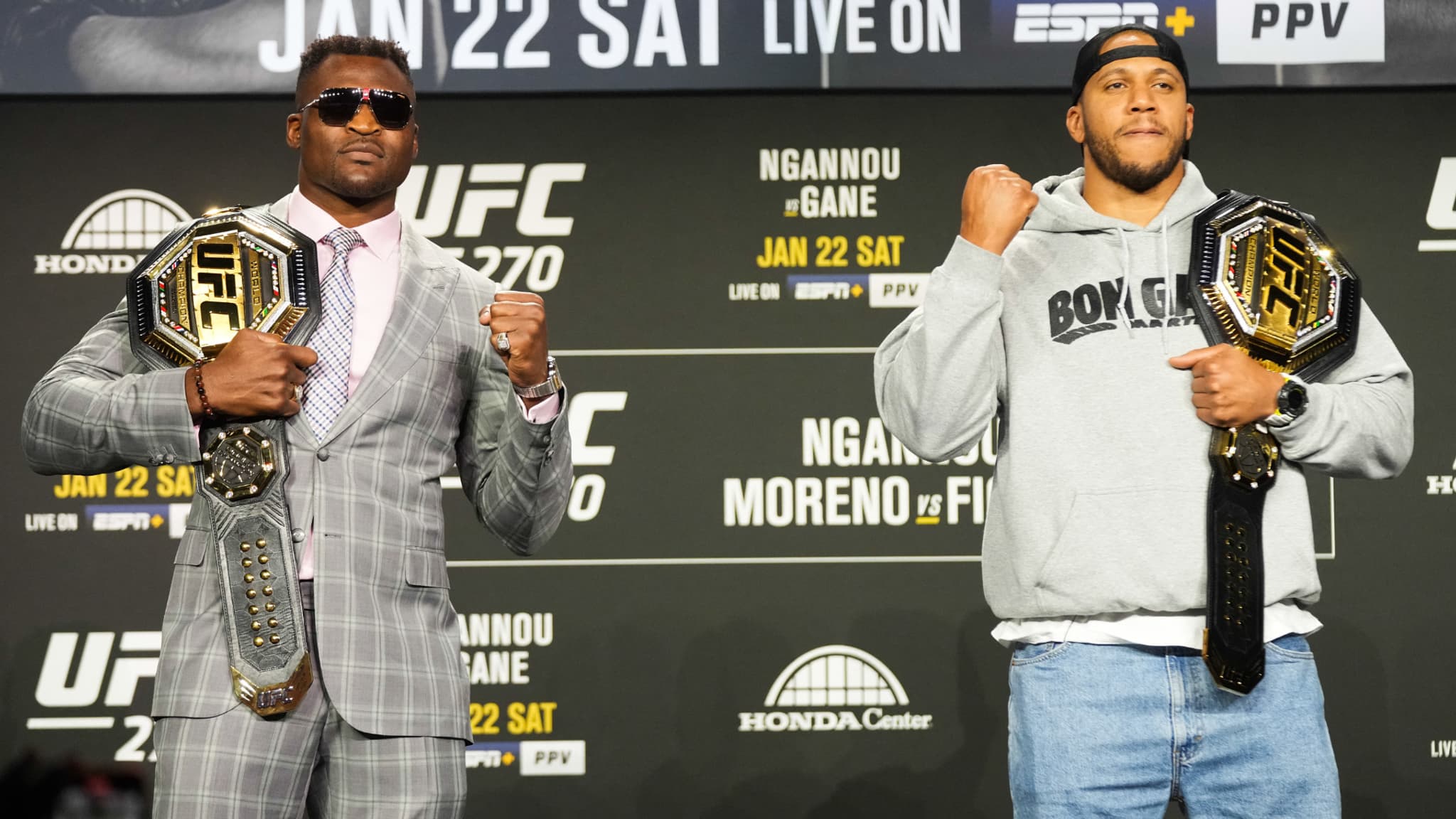 Le face-à-face entre Francis Ngannou et Ciryl Gane, le 20 janvier 2022