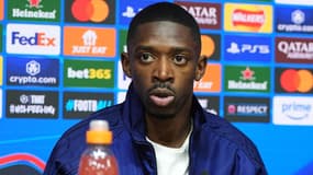 Ousmane Dembélé en conférence de presse le 14 avril 2025 à Villa Park, le stade d'Aston Villa
