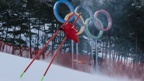Le parcours du slalom géant féminin frappé par le vent lundi 12 février, à Pyeongchang (Corée du Sud)