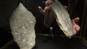 Un morceau de pierre lunaire, présenté par la société d'enchères Heritage Auctions, à New York. Des météorites venues de Mars, et le plus gros morceau de sol lunaire jamais vendu, ont été mis aux enchères dimanche et ont rapporté plus d'un million de doll