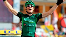 Pierre Rolland, ici lors de son succès à l'Alpe d'Huez (Tour de France 2011).