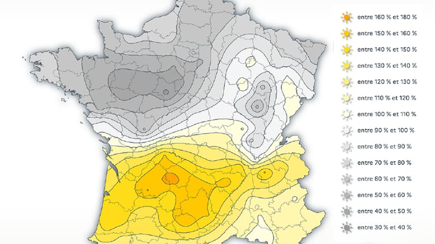 Anomalie d'ensoleillement en novembre 2024 en France, par rapport à la normale 1991-2020. Anomalie d'ensoleillement en novembre 2024 en France, par rapport à la normale 1991-2020.