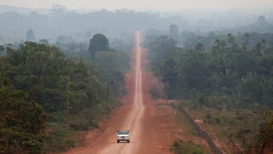 Une voiture roule sur la route transamazonienne qui traverse la forêt, le 22 septembre 2022.