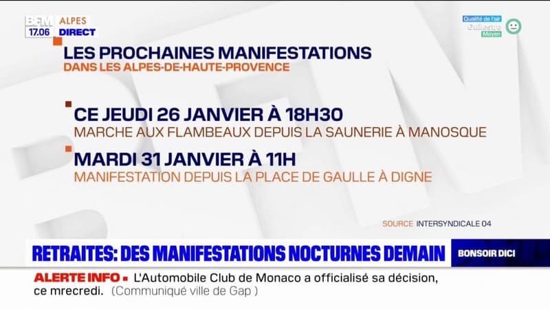 Réforme des retraites: des manifestations nocturnes prévues jeudi dans les Alpes-du-Sud