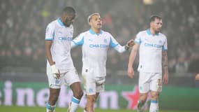 Geoffrey Kondogbia, Gabriel Medina et Pierre-Emile Hojbjerg après la défaite de l'OM à Bruges (3-0, Ligue des champions), le 28 janvier 2026