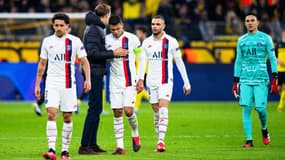 Marquinhos, Thomas Tuchel, Thiago Silva, Layvin Kurzawa et Keylor Navas lors de Dortmund-PSG, le 18 février 2020