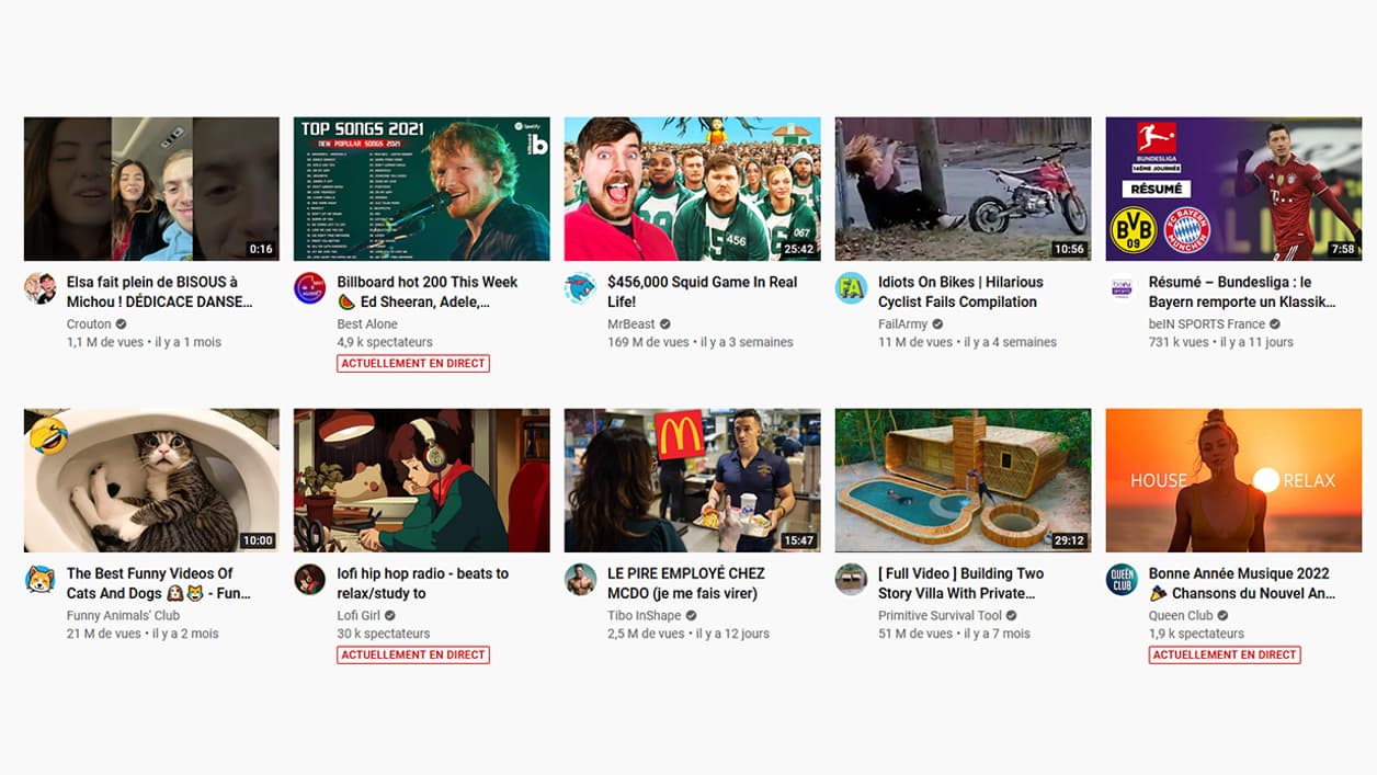 Capture d'écran des recommandations de YouTube auprès d'un compte "vierge"