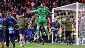La joie des joueurs du PSG après leur qualification à Liverpool, en 8e de finale de la Ligue des champions, le 11 mars 2025