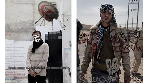 Tunis, janvier 2011. Mohamed, 23 ans, co-administrateur d'une page Facebook qui diffuse en permanence des informations sur la révolution, et connecté au réseau Anonymous (à gauche). Brega, Libye, mars 2011. "La partie est terminée" - "Va en enfer avec le