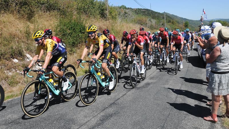 Le peloton en file indienne, emmené par les Jumbo-Visma