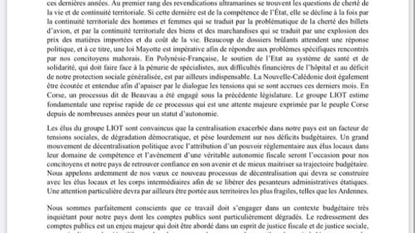 Lettre groupe Liot à Michel Barnier, le 9 septembre 2024.