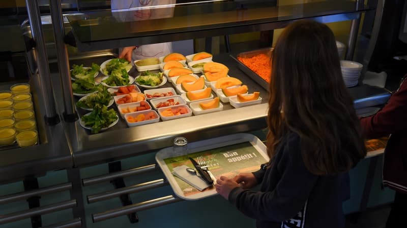 Un enfant choisit son repas à l'heure du déjeuner à la cantine d'un lycée de Dordogne en septembre 2019.