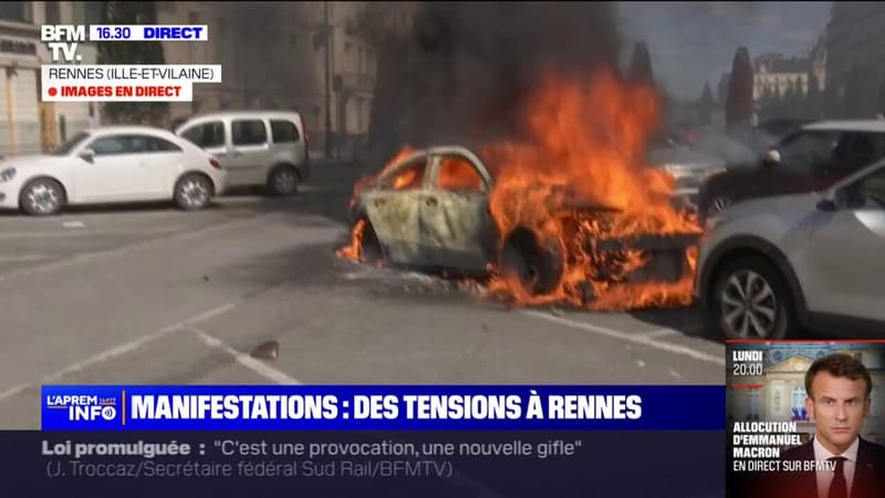 Rennes: des véhicules incendiés lors de la manifestation contre la promulgation de la réforme des retraites