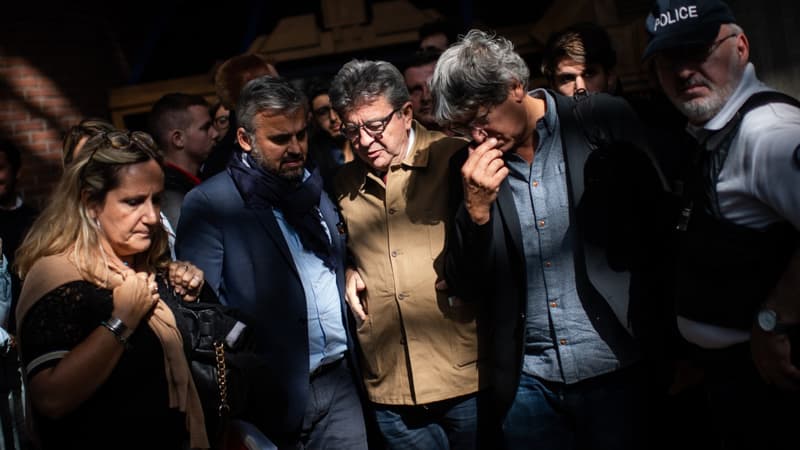 Alexis Corbière, Jean-Luc Mélenchon et Eric Coquerel à la sortie du tribunal de Bobigny, le 20 septembre 2019