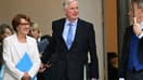 Michel Barnier quitte l'Elysée avec la ministre de l'Agriculture Annie Genevard, après le premier Conseil des ministres de son gouvernement, le 23 septembre 2024.