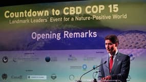 Le Premier ministre canadien Justin Trudeau lors de l'événement "compte à rebours pour la COP15", à New York, le 20 septembre 2022.