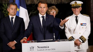 Emmanuel Macron s'exprime à Nouméa, en Nouvelle-Calédonie, le 23 mai 2024. 