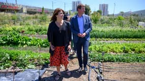 Michèle Rubirola (à gauche), candidate aux municipales du "Printemps Marseillais", une coalition de gauche pour Marseille aux cotés de  Yannick Jadot, député européen écologique EELV, lors d'une visite d'une ferme urbaine, le 15 juin 2020