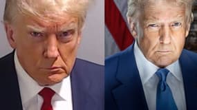 Le mugshot de Donald Trump après son inculpation dans une prison d'Atlanta en août 2023 (g), la première photo officielle de Trump comme 47e président des États-Unis, publiée le 16 janvier 2025